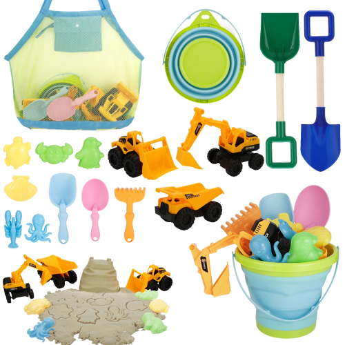 sixwipe Beach Toys Set, 14 Pcs Sand Toys, Collapsible Bucket, Sand Castle Molds, Trucks, Dinosaur Tools