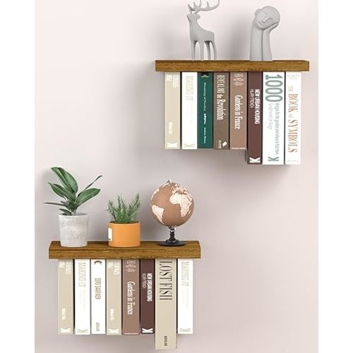 Floating Book Shelves for Wall Mounted Set of 2, Wood Hanging Bookshelf, Book Display Shelf for Wall, Unique Space Saving Book Shelf Wall Book Holder (Brown)