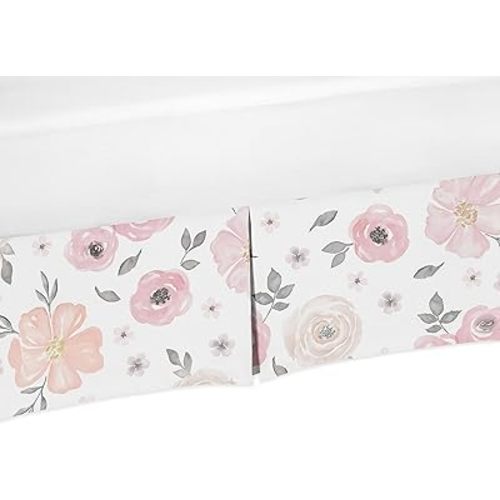 Sweet Jojo Designs Baby Crib Skirt (Pink/Grey Boho Floral) for Girls, Infants/Nursery Bed Dust Ruffle Bedskirt Straight Flat (Watercolor, Flower, Elegant Rose, Farmhouse, Shabby Chic, Nature, Blush)