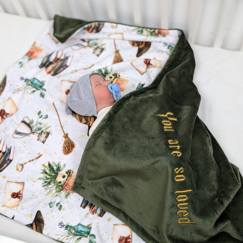 personalized baby blanket, custom little wizard swaddle, newborn school of magic gift, magical white owl mail, harry wizarding school