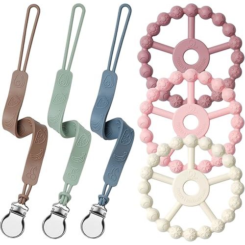 Silicone Ring Teether and Pacifier Clip, Seposeve Pack of 3 Baby Pacifier Teether Clip for Babies 0-6 Months, Teething Ring Toys, Keeps Teethers Clean, 6-12 Months 12-24 Months