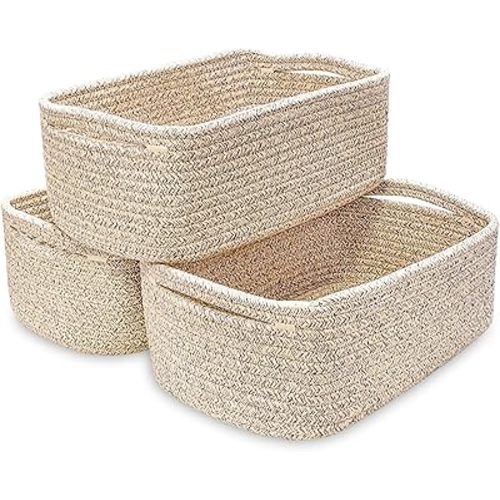 ABenkle Small Storage Baskets for Organizing, Shelf Closet Organizer Bins, Rope Woven Decorative Shallow Cube Bin for Toys Nursery, 3 Pack Mixed Brown, 11.5''×7.5''×4.7”