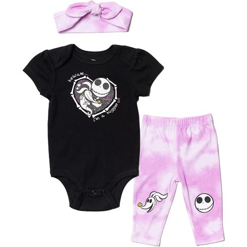 Disney Nightmare Before Christmas Zero Sally Jack Skellington Baby Girls Bodysuit Pants and Headband 3 Piece Outfit Set