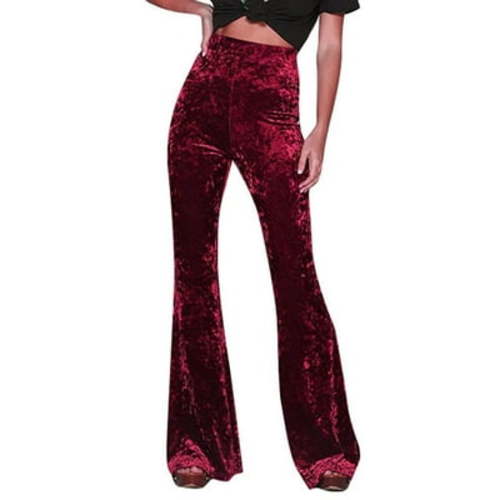 BLVB Women's Velvet Elastic Waist Flare Leg Palazzo Long Pants Casual Stretch Velour Bell Bottom Trousers for Fall Winter Red