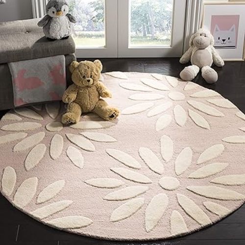 SAFAVIEH Kids Collection 5' Round Pink / Ivory SFK914P Handmade Daisy Wool Area Rug