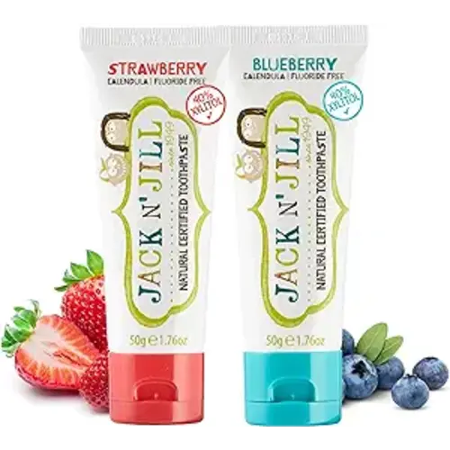 Jack N' Jill Natural Toddler Toothpaste for Baby, Kids and Infants 6 Months & Up, Fluoride Free Training Toothpaste for Toddlers 1-3 (1.76 Fl Oz (Pack of 5), Blueberry & Strawberry)