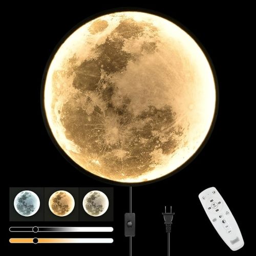 QIYIMEILUX Large Moon Wall Sconce Plug in Modern LED Dimmable Wall Light with Remote Control 23.6 inch 31W Black Wall Lamp Indoor Wall Mounted Lighting Ceiling Light for Living Room Bedroom