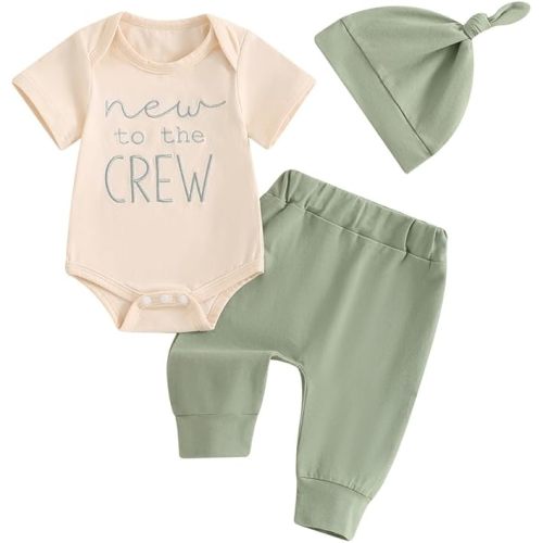 Twopumpkin Newborn Baby Boy Girl Clothes Outfits Short Sleeve Romper Bodysuit Cotton Pants and Hat Coming Home Outfit