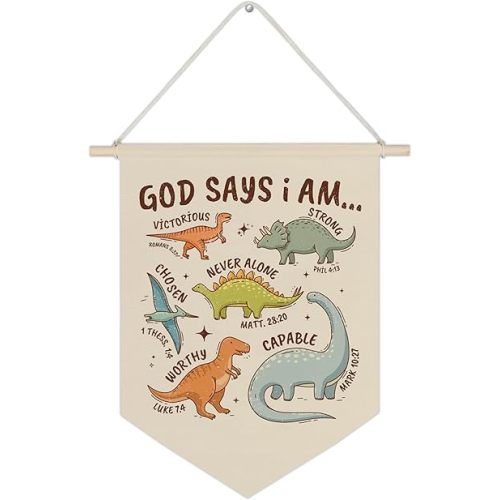 WUCHJ Christian Dinosaur Nursery Canvas Wall Banners, God Says I Am Bible Verse Dinosaur Hanging Display Pennant Flags, Inspirational Wall Decor for Kids Boys Nursery Room Bedroom Playroom 11x14 Inch