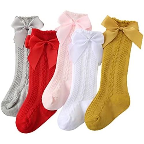 Baby Girls Knee High Socks Bow Tube Ruffled Knit Cotton Long Stockings for Infants and Toddlers 5 Pairs