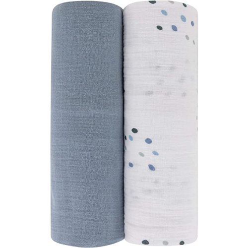 Ely's & Co. Cotton Muslin Swaddle Blanket 2-Pack for Baby Boy — 100% Cotton Muslin Extra-Large Swaddle Blankets (47” x 47”) Blue Raindrops | Solid Blue