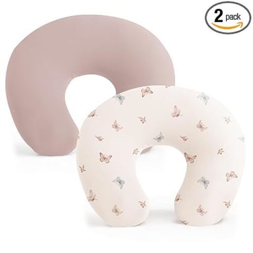 Konssy 2 Pack Nursing Pillow Covers, Stretchy and Soft Nursing Cover for Breastfeeding Pillows, Pillow Slipcover for Baby Girls Boys Newborn (Butterfly Dreams, Taupe)