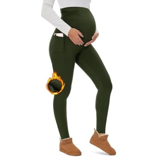 UBCUTE Maternity Fleece Lined Leggings with Pockets Over Belly,Thermal Womens Pregnancy Workout Pants Warm Winter