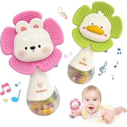 Weirtoya 2 PCS Baby Rattles Teething Toys 3-6 Month, Baby Toys for 0-12 Months Sensory Toys Infant Toys 0-6 Months, Newborn Boys and Girls Must Haves Toys Babies Gifts