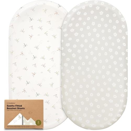 2-Pack Organic Bassinet Sheets for Girls, Boys - 100% Cotton Bassinet Mattress Sheets Compatible with Halo Bassinest Swivel Sleeper, Graco, Baby Delight, Chicco, Unisex Fitted Bassinet Sheets (Meadow)