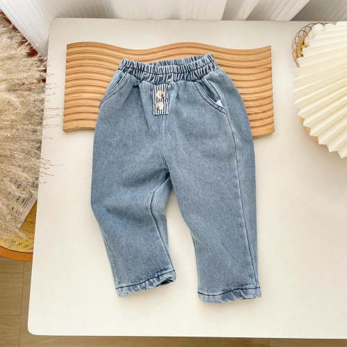 Cethrio Denim Pants for Boys, Elastic Waist Straight Leg Stretch Cotton Pants with Pockets Blue Size 6-9 Months