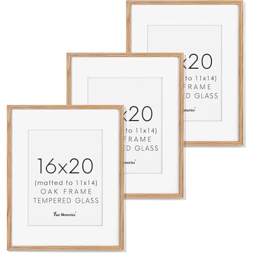 Fun Memories 16x20 Picture Frames Set of 3, Solid Oak Wood Picture Frame 16 by 20, 16x20 Frame with Mat for 11x14, 16 x 20 Frame with Tempered Glass, 16"x20" Poster Frame