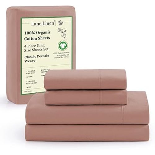 LANE LINEN 100% Organic Cotton Fully Elasticized King Sheet Set, Low Pilling Fade Resistant Machine Washable Naturally Cooling King Bedding Set, Mercerized Soft & Comfy Cotton Sheets – Rose Dawn