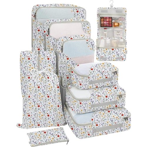 ALL INCLUDED 10 Set Durable Packing Cubes for Suitcases,OlarHike Travel Essentials,UPGRADED Anti-Tear Stitching, NEW Improved Luggage Packing Organizers for Travel Accessories(Flower)