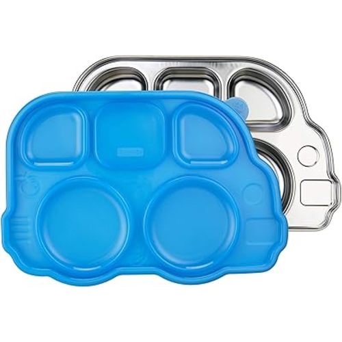 Innobaby Stainless Bus Plate with Airtight Sectional Lid, The Original, Leak-Resistant Divided Platter, Mom Invented Fun Shape Plate Din Din Smart for Babies, Toddlers and Kids, BPA Free Plate, Blue