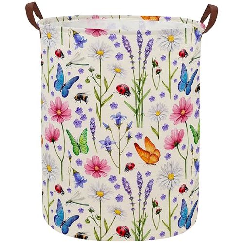 ESSME Kids Laundry Basket,Flower Hamper Collapsible Canvas Waterproof Storage Bin for Form, Nursery Hamper,Gift Baskets,toy bins(Flower cluster)