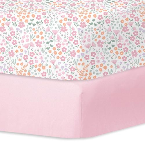 Little Grape Land Crib Sheets for Girls, Soft Microfiber Fitted Baby Sheets for Standard Crib and Toddler Mattress, 28x52x8 inch,Comfortable & Secure Fit (Pink & Floral)