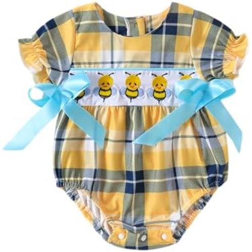 GOOCHEER Newborn Infant Baby Girl Summer Romper Outfit Bee Embroidery Plaid Ruffle Short Sleeve Bodysuit Jumpsuit