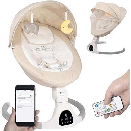 Baby Swing for Infants to Toddler Portable Babies Swing Timing Function 5 Swing Speeds Bluetooth Touch Screen Music Speaker with 10 Preset Lullabies 5-Point Carabiner (Ivory White)