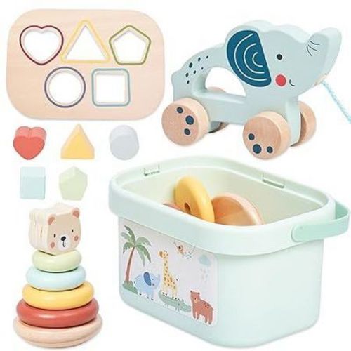 Prextex 3-in-1 Wooden Sorting And Stacking Toys Includes 3d Shape Sorting Box-multicolored