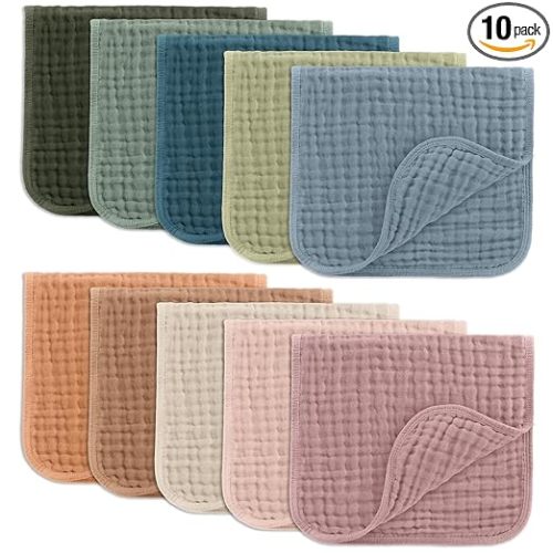 Comfy Cubs Muslin Burp Cloths 20" x 10", Pack of 10 - Large, 6-Layer, Ultra Absorbent 100% Cotton for Baby Drool and Messes - Soft, Safe & Gentle Baby Burp Cloths for Boys & Girls - Multi
