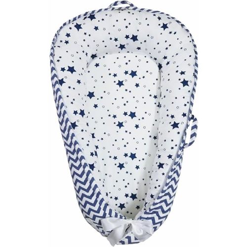 Baby Nest, Baby Lounger, Organic Cotton Lounger for Baby, Reversible Breathable Adjustable Portable - Star Collection (Blue)