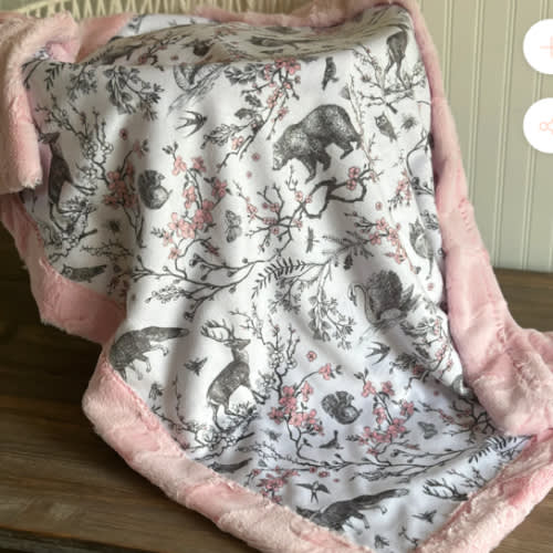 Spring Woodland Toile Minky with Shell Luxe Fur Minky