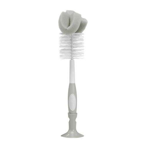 Dr. Brown's Baby Bottle Cleaning Brush, Bristle/Sponge Scrubber, Nipple Cleaner, Suction Cup Stand, Gray, 1 Pack