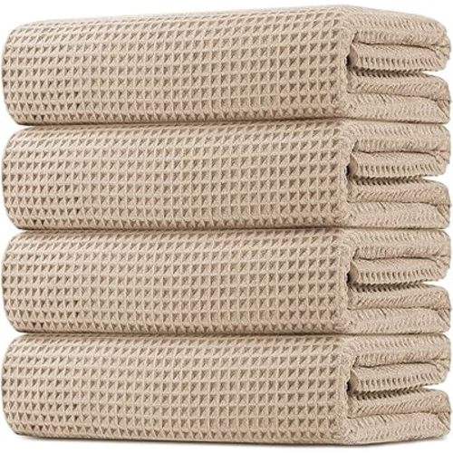HOMEXCEL Waffle Bath Towels Set 4 Pack, Premium Microfiber Bathroom Towels, Ultra Soft, Lightweight, Highly Absorbent and Quick Dry Towel for Bathroom, Gym, Shower, Hotel, and Spa, 27 x 54 Inch, Beige