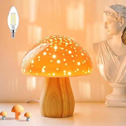 BOHON Mushroom Lamp, Ceramic Bedside Table Lamp for Bedroom Nightstand, Retro Vintage Orange Night Light, Small Lamp for Living Room Desk Home Decor Aesthetic Lamp, LED Bulb Included, Orange