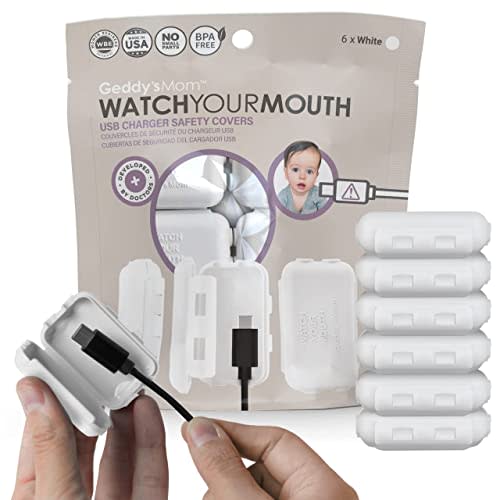 Geddy´s Mom Watch Your Mouth - The Award-Winning Child Safety USB Cover Cap Baby Proof Cord Protector| BPA & Phthalate-Free Charger Protector | Electrical Safety Baby Products - 6 Pack (White)