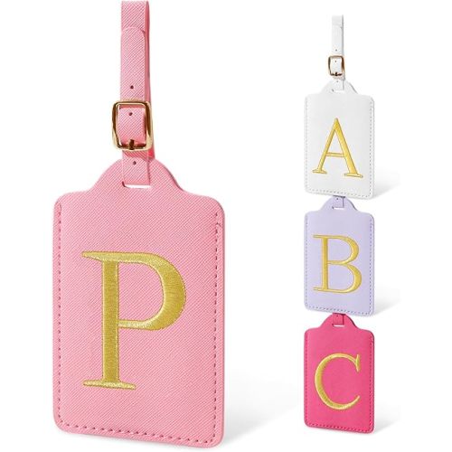 Initial Letter Luggage Tags for Suitcases, Personalized Embroidered Letter Luggage Bag Suitcase Identifier Name Tag, Cute PU Leather Travel Luggage Tags, Bag Tags for Luggage Handbags(Pink P)