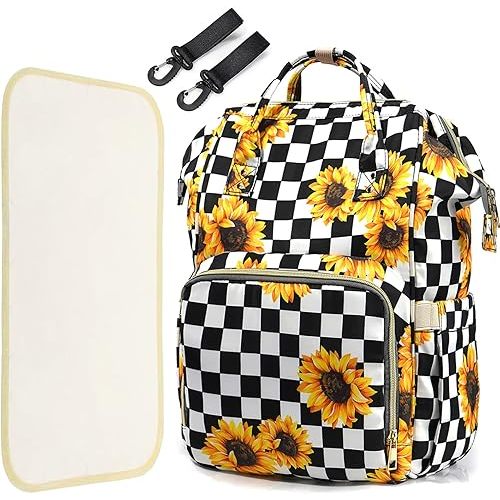 LIMHOO 3 in 1 Diaper Bag Backpack, Multifunction Large Baby Bags with Changing Pad & Stroller Straps, Waterproof Nappy Bag for Mom Baby Care (Checkered Sunflower)