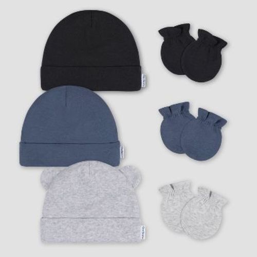 Gerber Baby 6pk Hat & Mitten Set - Gray: Cotton Knit, Elastic Cuffs, 0-12 Months