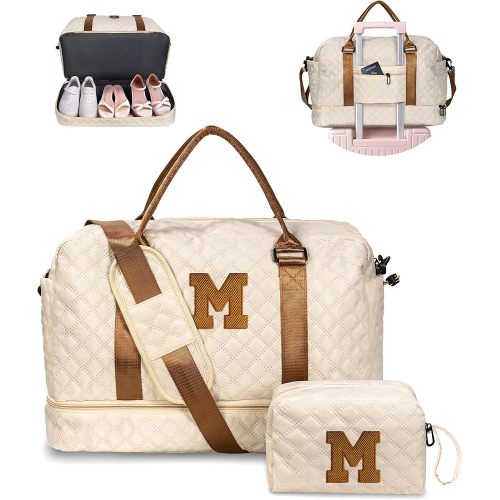 Gifts for Daughter - Initial Personalized Weekender Letter Travel Bag with Makeup Bag, Shoe Compartment, Sister Friend Girlfriend Gifts (Letter M)