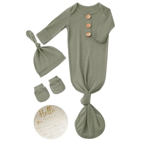 Newborn Baby Knotted Gown Headband/Hat Set Clothes Bamboo Viscose Sleep Gown with Announcement Sign