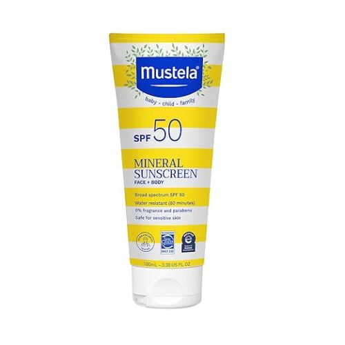 Mustela Baby Mineral Sunscreen Lotion SPF 50 Broad Spectrum - Face & Body Sun Lotion for Sensitive Skin - Water Resistant & Fragrance Free - Regular & Family Size