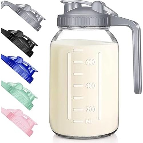 Wide Mouth Mason Jars 32 oz with Pour Spout Lids, SNGKMSYG 1 Quart Glass Pitcher with Lid, Double Leak Proof Breast Milk Pitcher for Fridge, Coffee, Water, Iced Tea (Gray, 32oz, 1 Pack)