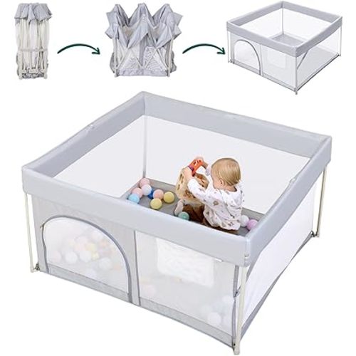 BABELIO Foldable Baby Playpen 50" × 50", Portable Playard for Babies and Toddlers, No Assembly Required, Indoor & Outdoor Kids Safety Play Pen Area, Travel Baby Fence, Grey