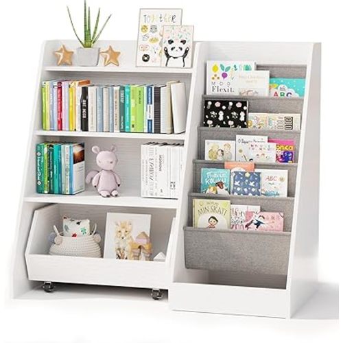 Bookshelf for Kids Rooms, 4 Tier Kids Bookshelf with Movable Drawer 5 Sling Pockets, Toddler Bookshelf and Toy Storage for Bedroom, Playroom, Nursery (White)