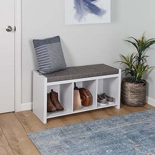 Honey-Can-Do Cube Organizer Bench with Shoe Storage and Seat Cushion, White SHF-09613 White