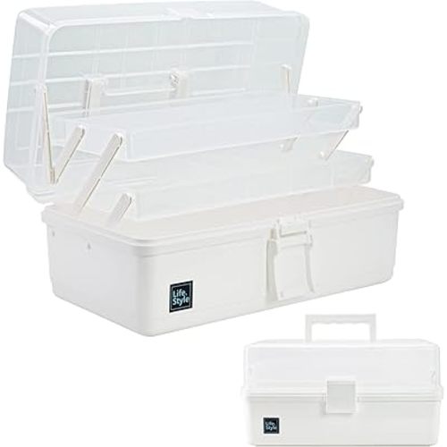 Creahaus 13 inch Art Craft Organizer Storage Box with 3 Layers, Multifunctional Plastic Tool Box with Handle for Sewing, Makeup, Medicine, Nail, Hair Accessories for Kids