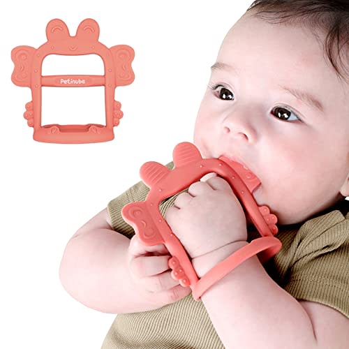 PETINUBE Baby Wrist Silicone Teether Soothing Pacifier for Infants 3+ Months Babies, Pack of 1, Made in Korea Anti-Dropping (Crab-Baby Coral)