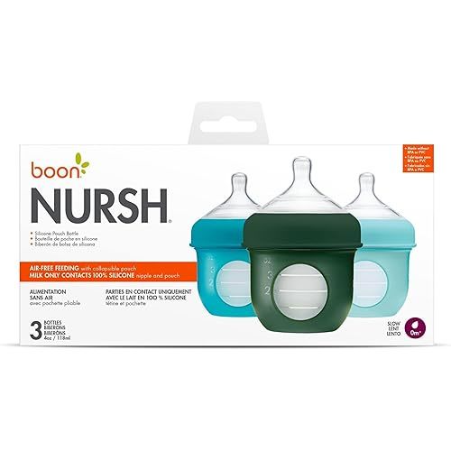 Boon Nursh Reusable Silicone Pouch Baby Bottles - Slow Flow Nipple - Silicone Baby Bottle Pouch and Nipple - Baby Feeding Essentials - Blue - 0-3 Months - 3 Count - 4 Ounce