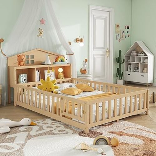 Full Size Montessori Floor Bed with Bookcases and Blackboards for Kids, Pine Wood Montessori Bed with Support Slats, Safety Fence and Convertible Door for Children, Boys, Girls, Natural